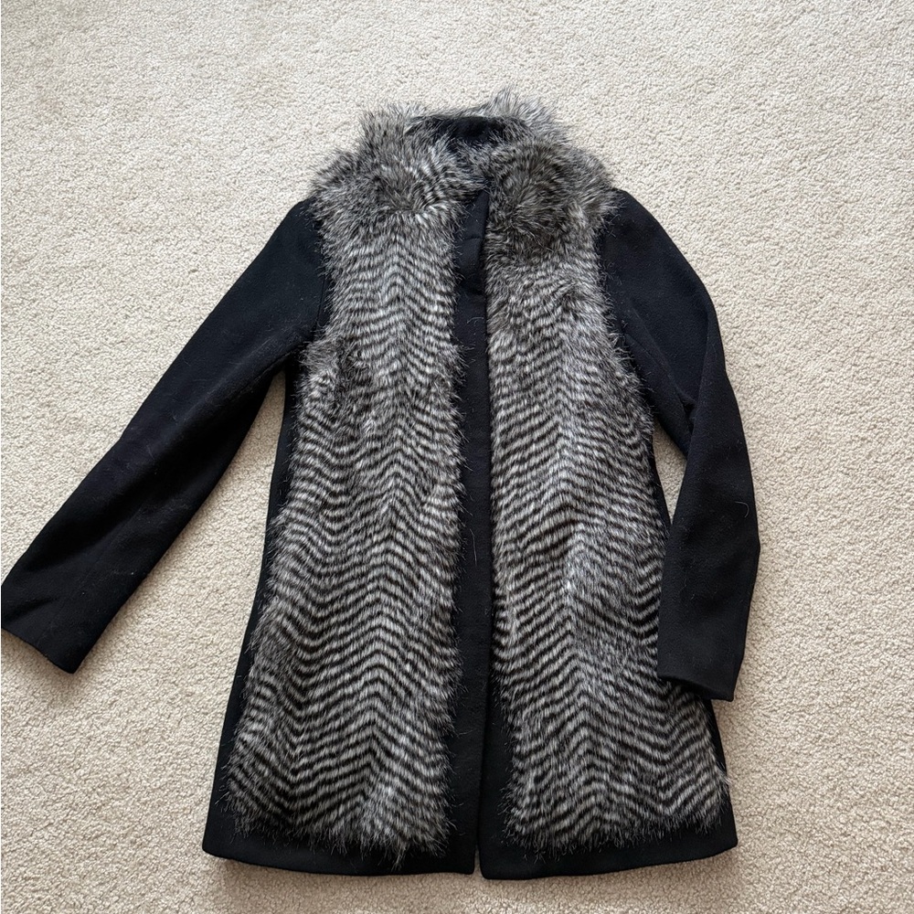 Women's Black and Gray Faux Fur Coat